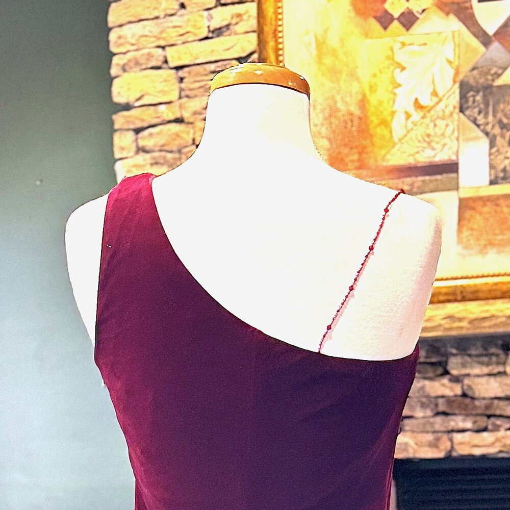 Elegant Cranberry, One Shoulder, Velvet, Floor length Evening Gown, Size 6 - Picture 8 of 9
